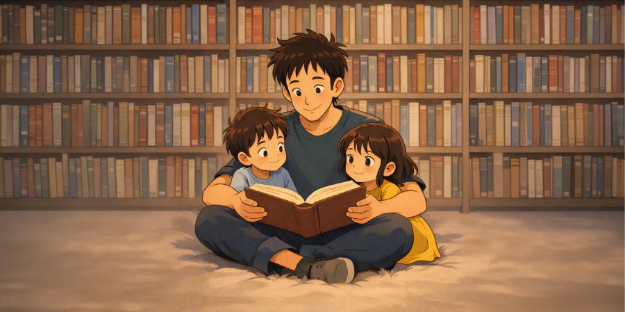Un papà che legge un libro ai suoi bambini
