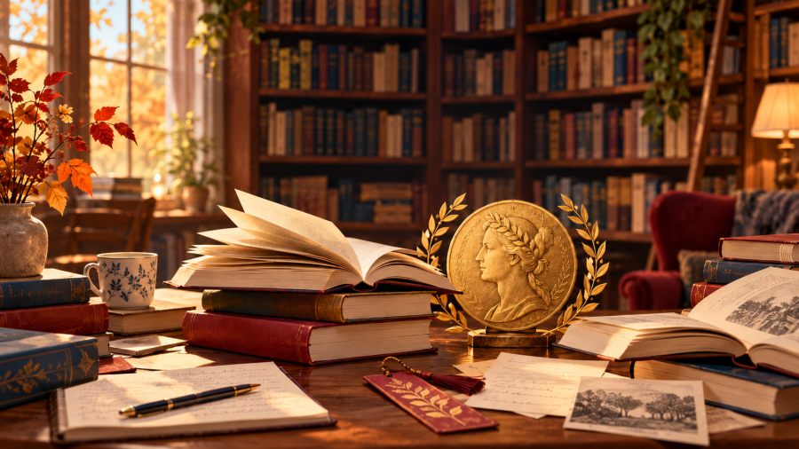 Nobel Letteratura 2026: libri e medaglione in biblioteca