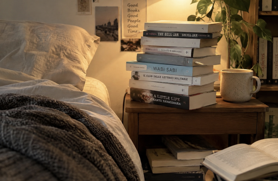 Pila di libri ancora da leggere accanto a un libro aperto in un angolo di lettura